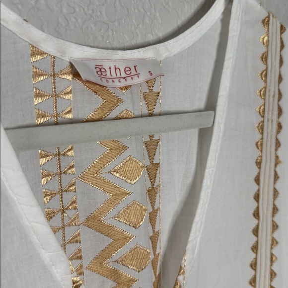 Aether Concept White Gold Embroidered Maxi Dress Geometric Tribal Greek Metallic - Picture 4 of 8